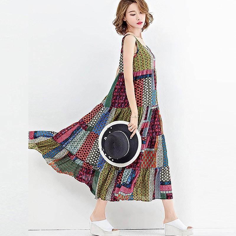 Loose Patchwork Print Sleeveless Hippie ...